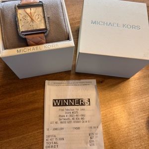 Michael Kors, pink quilted band, silver face with crystals.